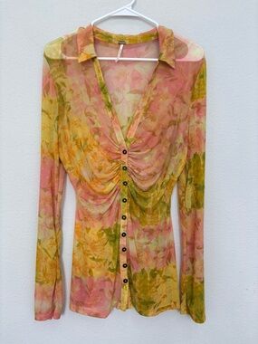 Free People Lucky Shirtee Long Sleeve Sheer Button Up Large Ruched Watercolor
